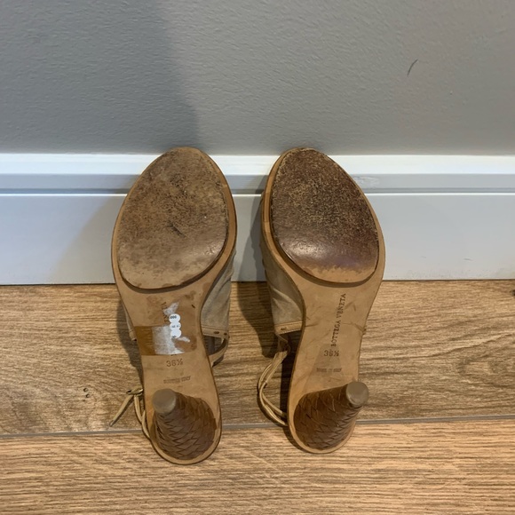 Bottega Veneta - Tan color Suede & Woven Leather High Heel Sandals - Picture 6 of 8